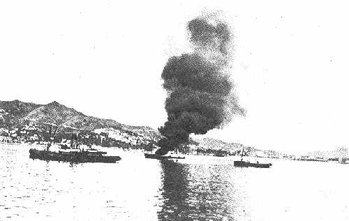 The Defender on fire in Wellington Harbour