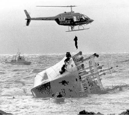 Aid is given to the Yung Pen by the police launch Lady Elizabeth and by Peter Button in the helicopter